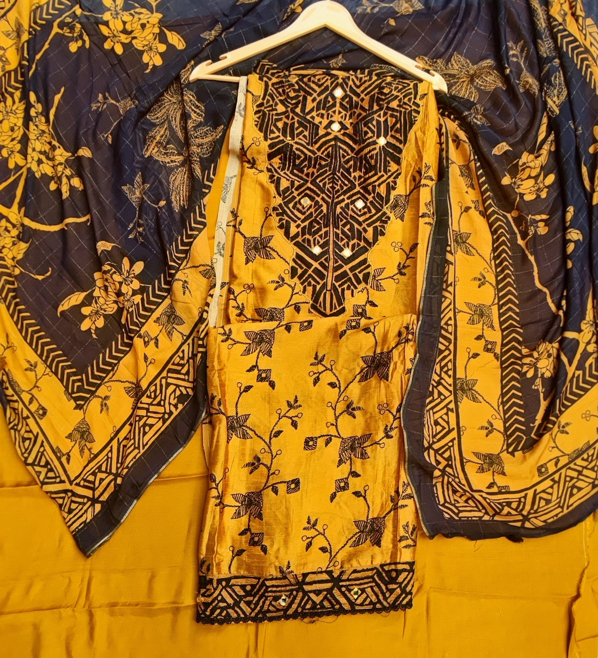 Mustard Muslin Silk Suit with Applique Work