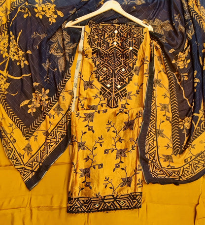 Mustard Muslin Silk Suit with Applique Work