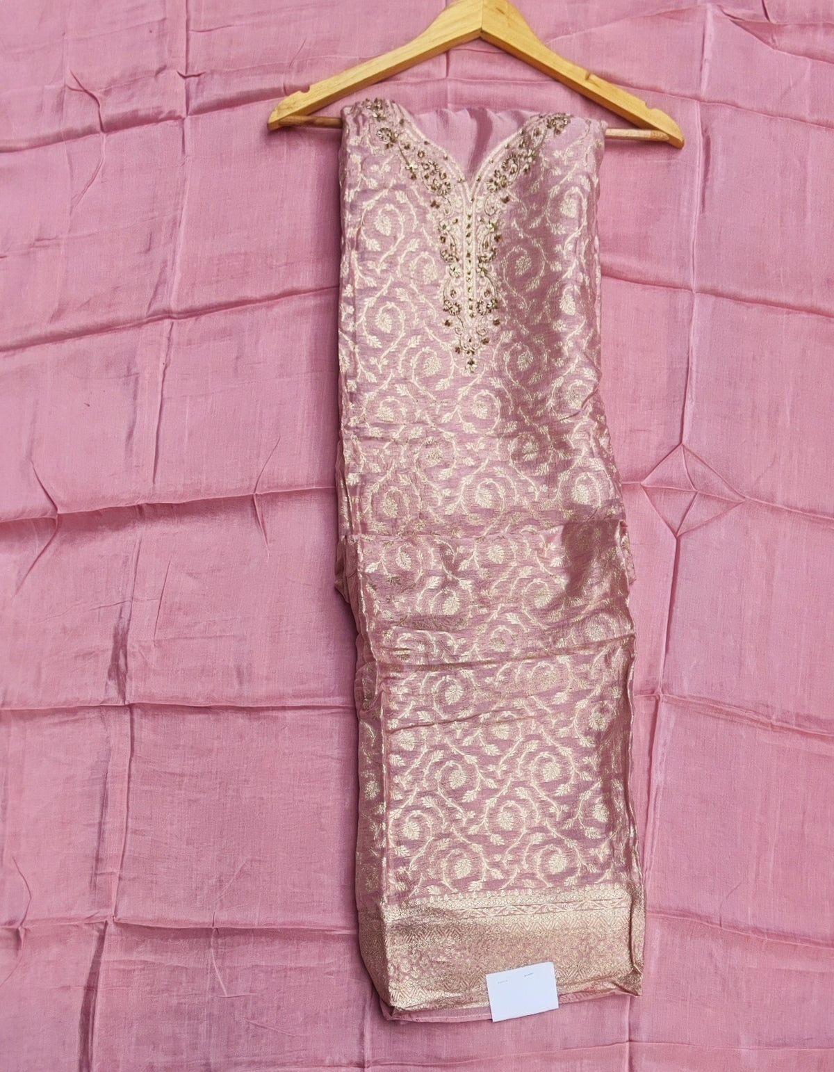 Pink Banarasi Silk Suit with Dabka Neckline