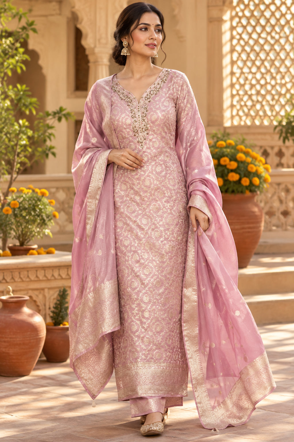Pink Banarasi Silk Suit with Dabka Neckline