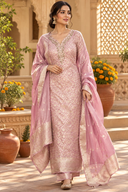Pink Banarasi Silk Suit with Dabka Neckline
