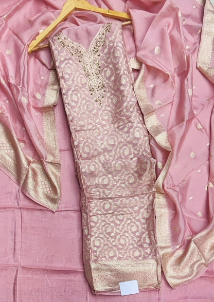Pink Banarasi Silk Suit with Dabka Neckline