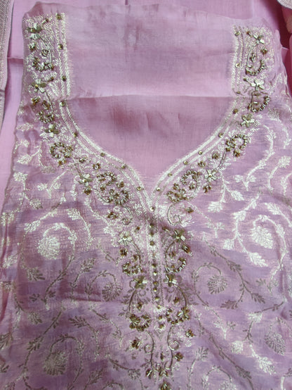 Pink Banarasi Silk Suit with Dabka Neckline