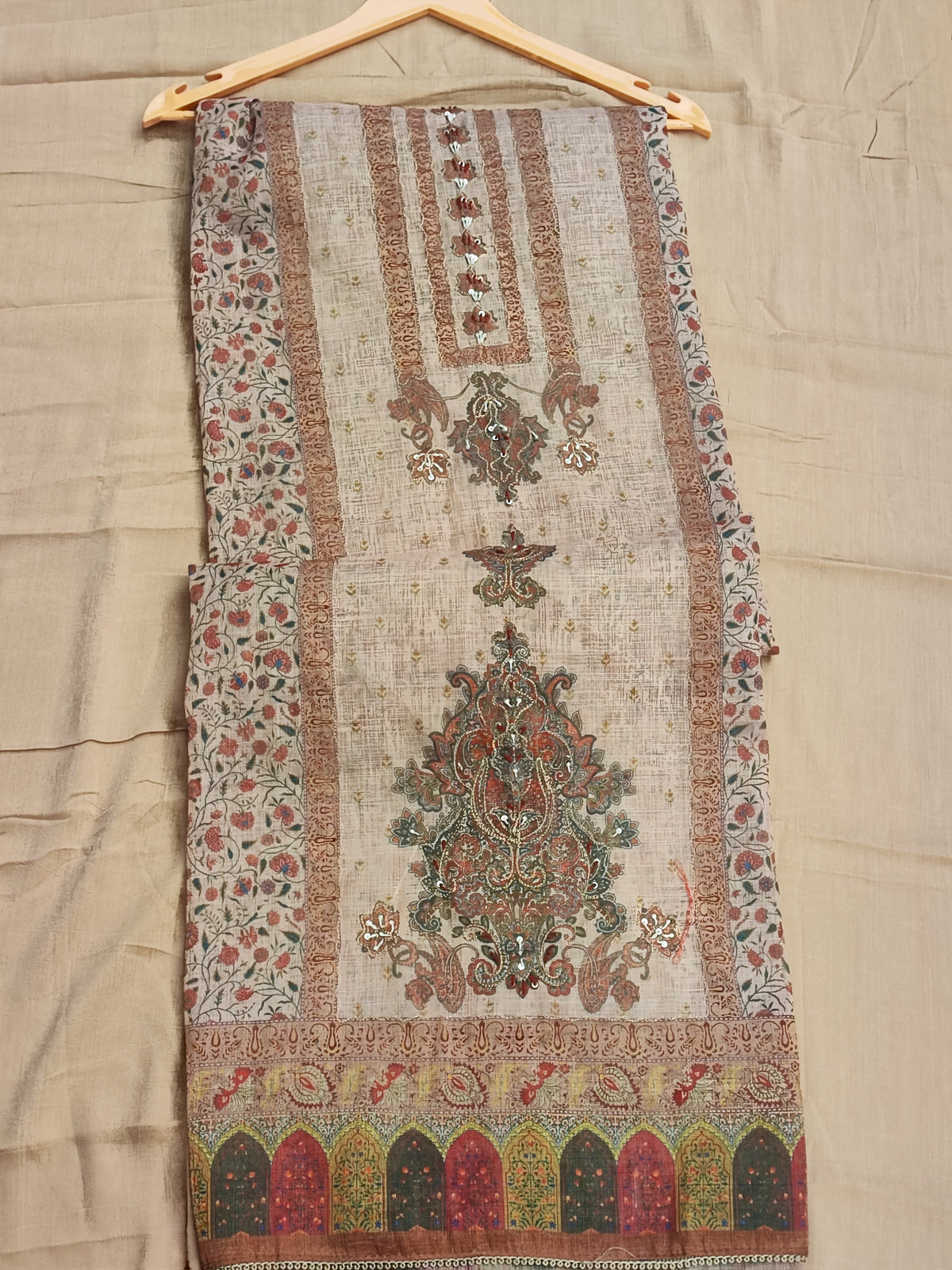 Beige Linen Suit with Zari Highlighted Print