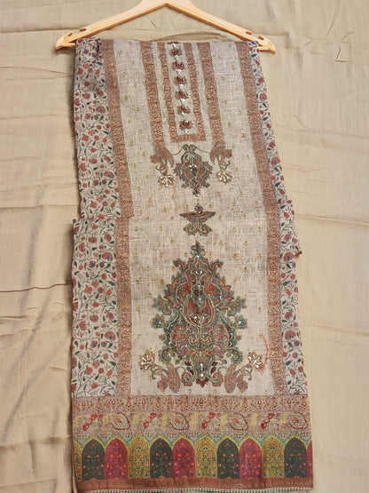 Beige Linen Suit with Zari Highlighted Print