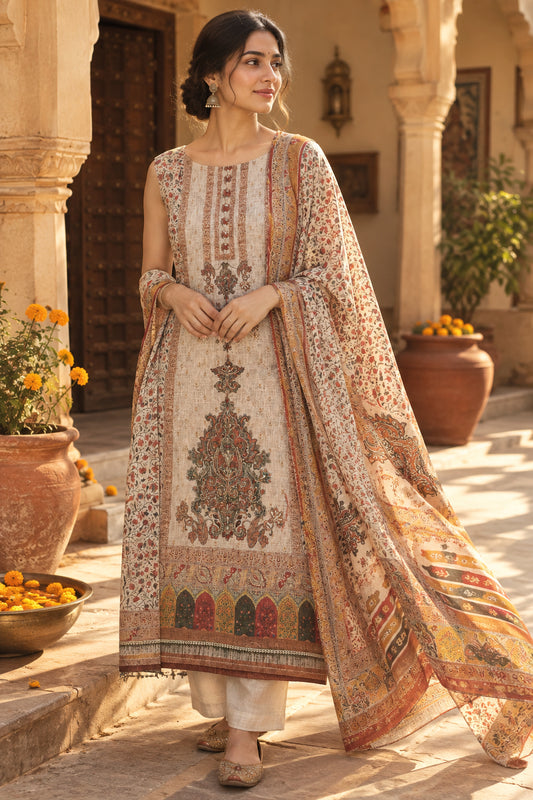 Beige Linen Suit with Zari Highlighted Print