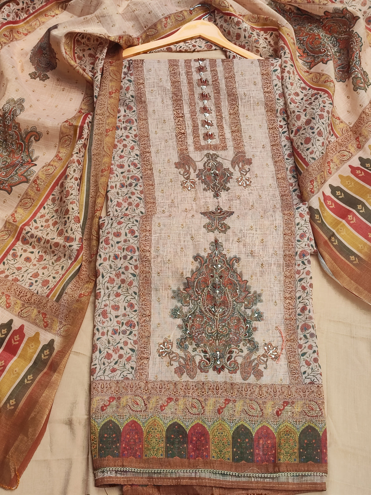 Beige Linen Suit with Zari Highlighted Print