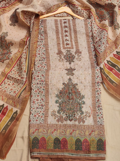 Beige Linen Suit with Zari Highlighted Print