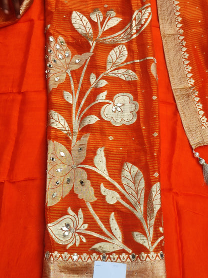 Orange Banarasi Suit with Mirror & Bead Work