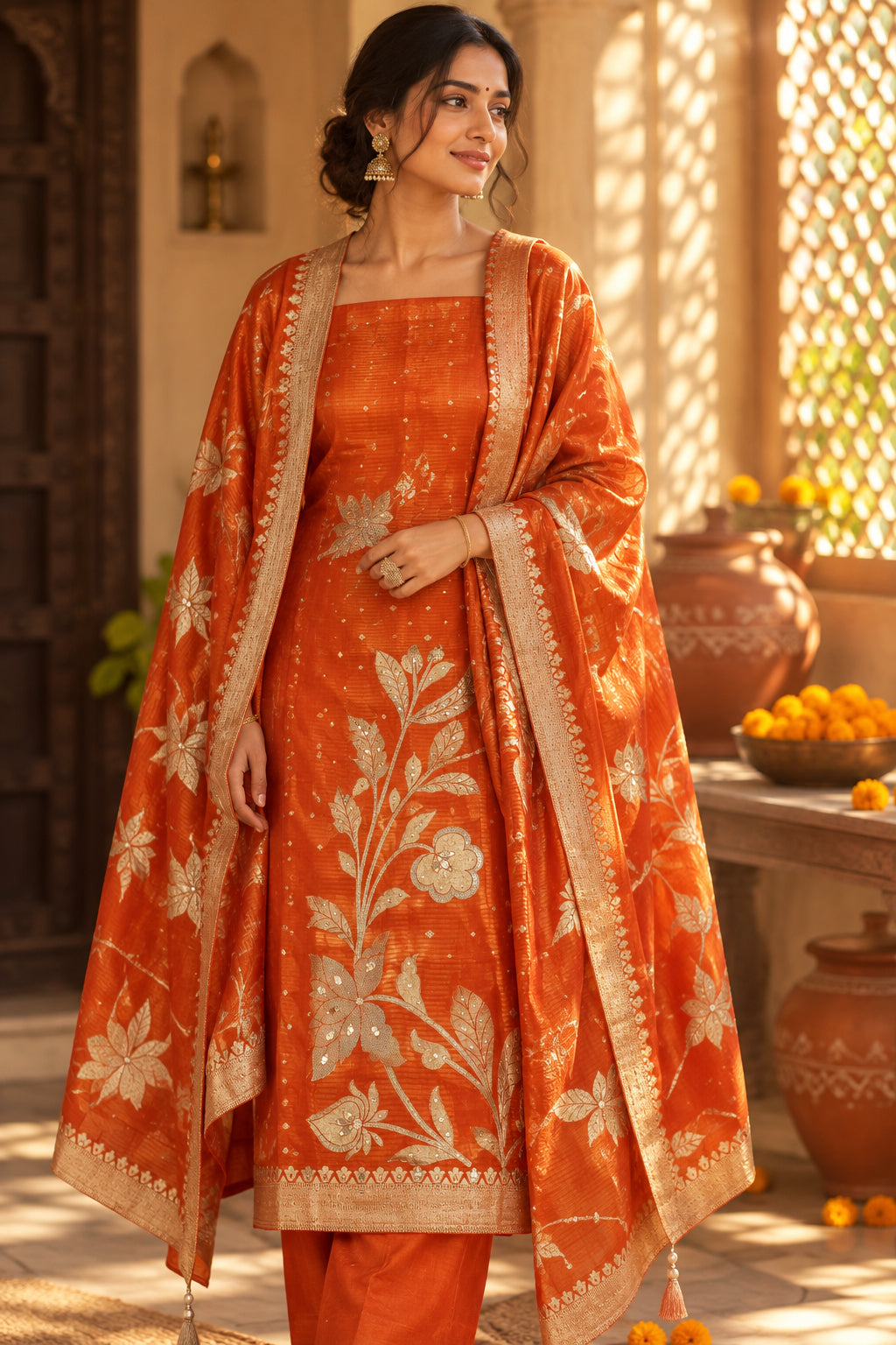 Orange Banarasi Suit with Mirror & Bead Work