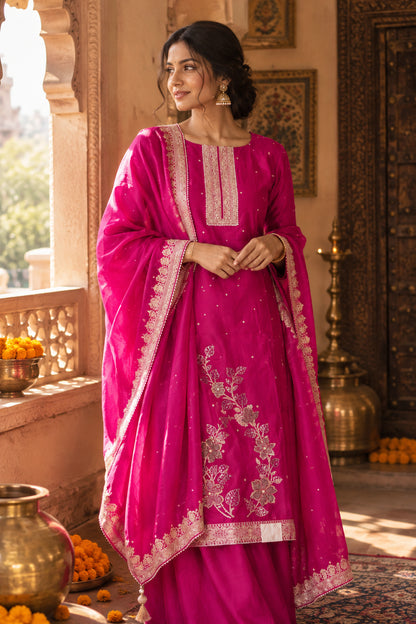 Magenta Banarasi Silk Suit with Moti & Dabka Work