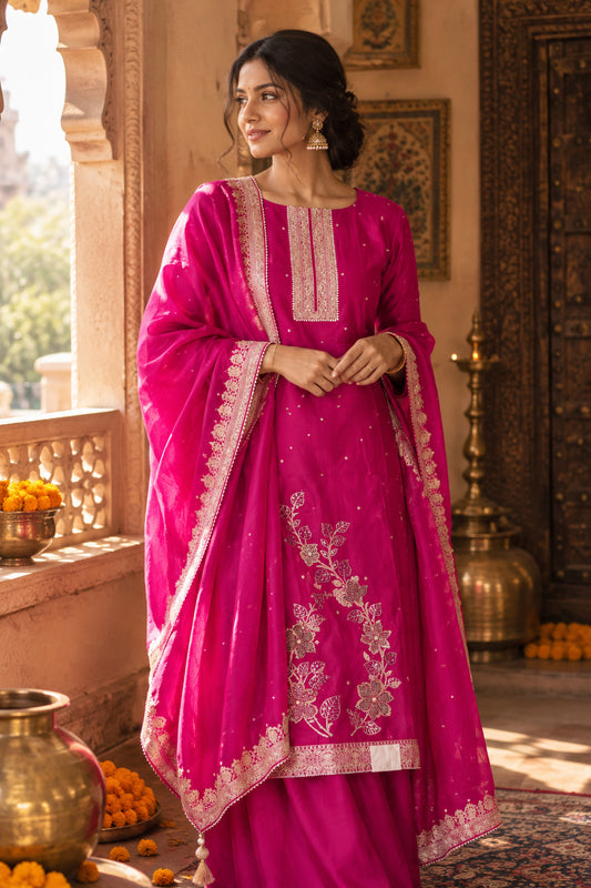Magenta Banarasi Silk Suit with Moti & Dabka Work