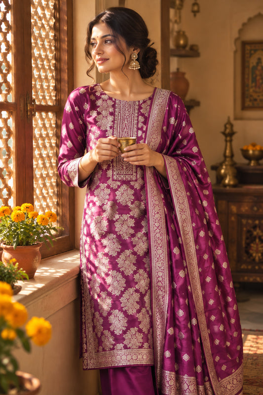 Purple Banarasi Woven Silk Suit with Zari Work