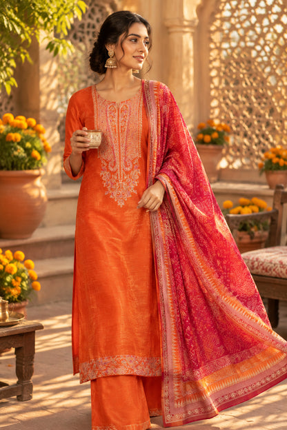 Orange Silk Suit with Bandhani Banarasi Dupatta