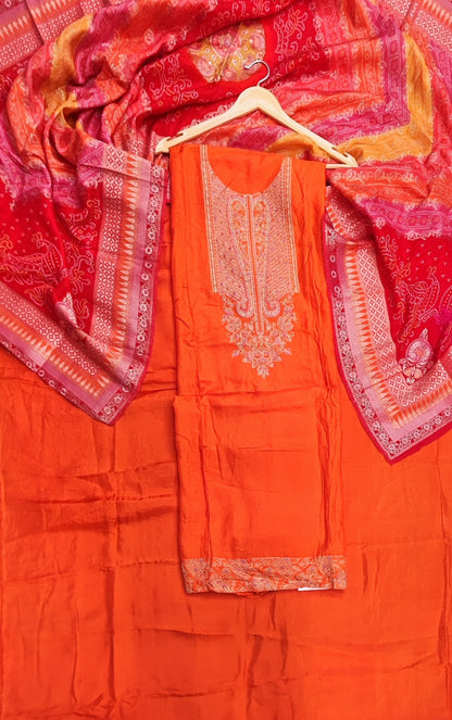 Orange Silk Suit with Bandhani Banarasi Dupatta