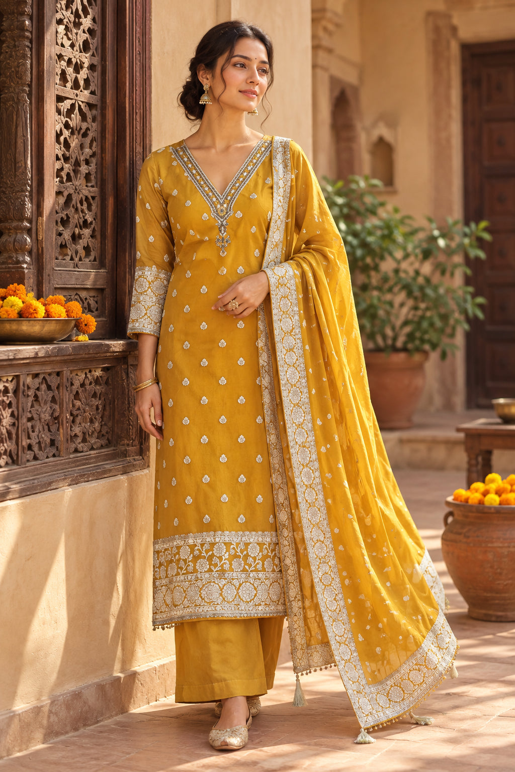 Mustard Organza Banarasi Suit with Handwork