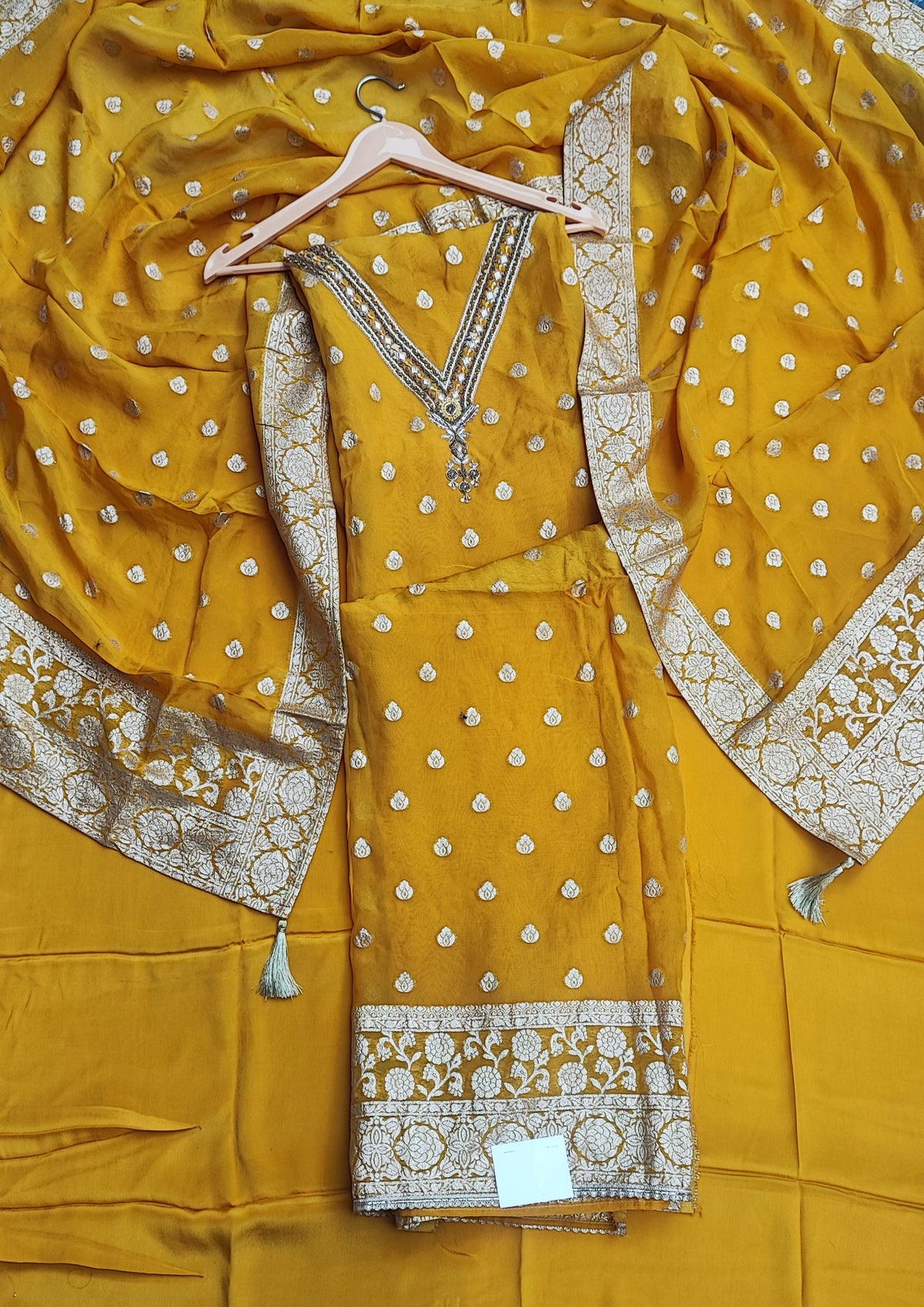 Mustard Organza Banarasi Suit with Handwork