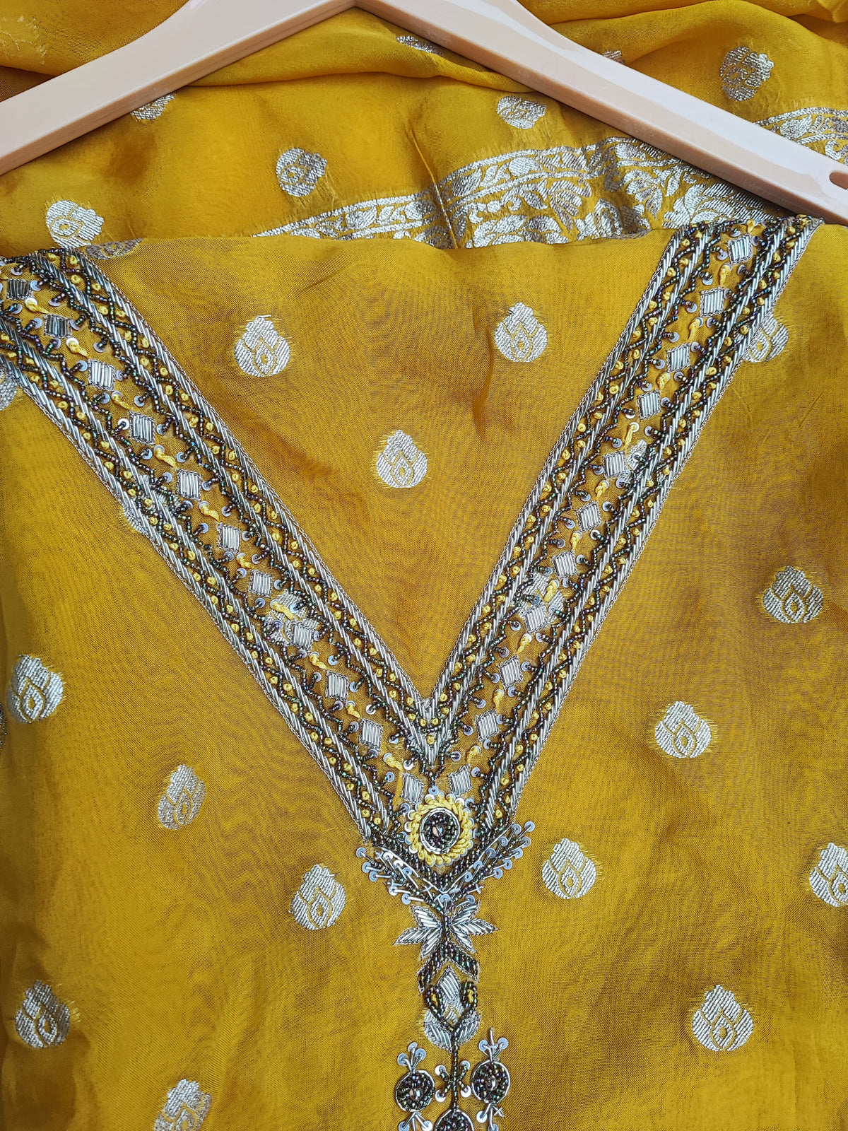 Mustard Organza Banarasi Suit with Handwork