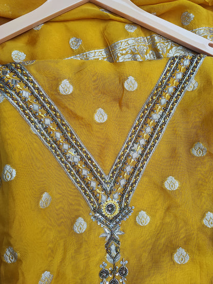 Mustard Organza Banarasi Suit with Handwork