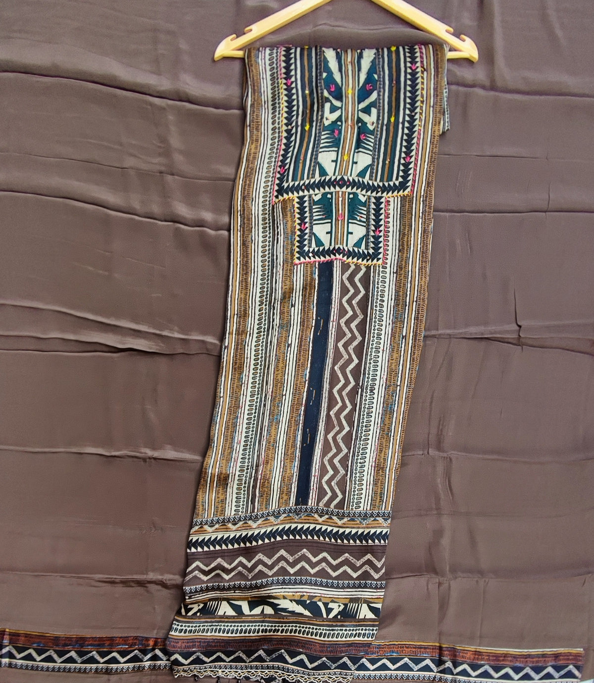 Brown Printed Satin Crepe Suit