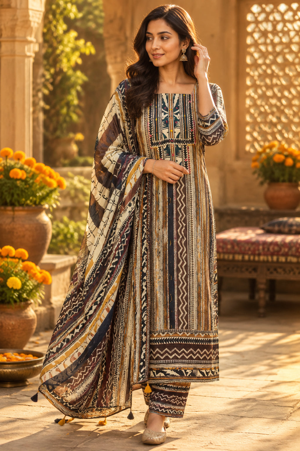 Brown Printed Satin Crepe Suit