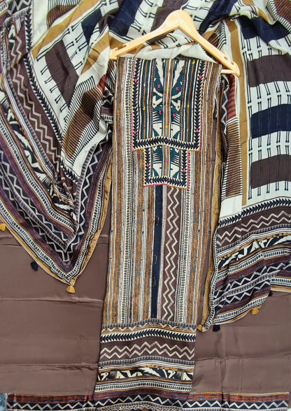 Brown Printed Satin Crepe Suit