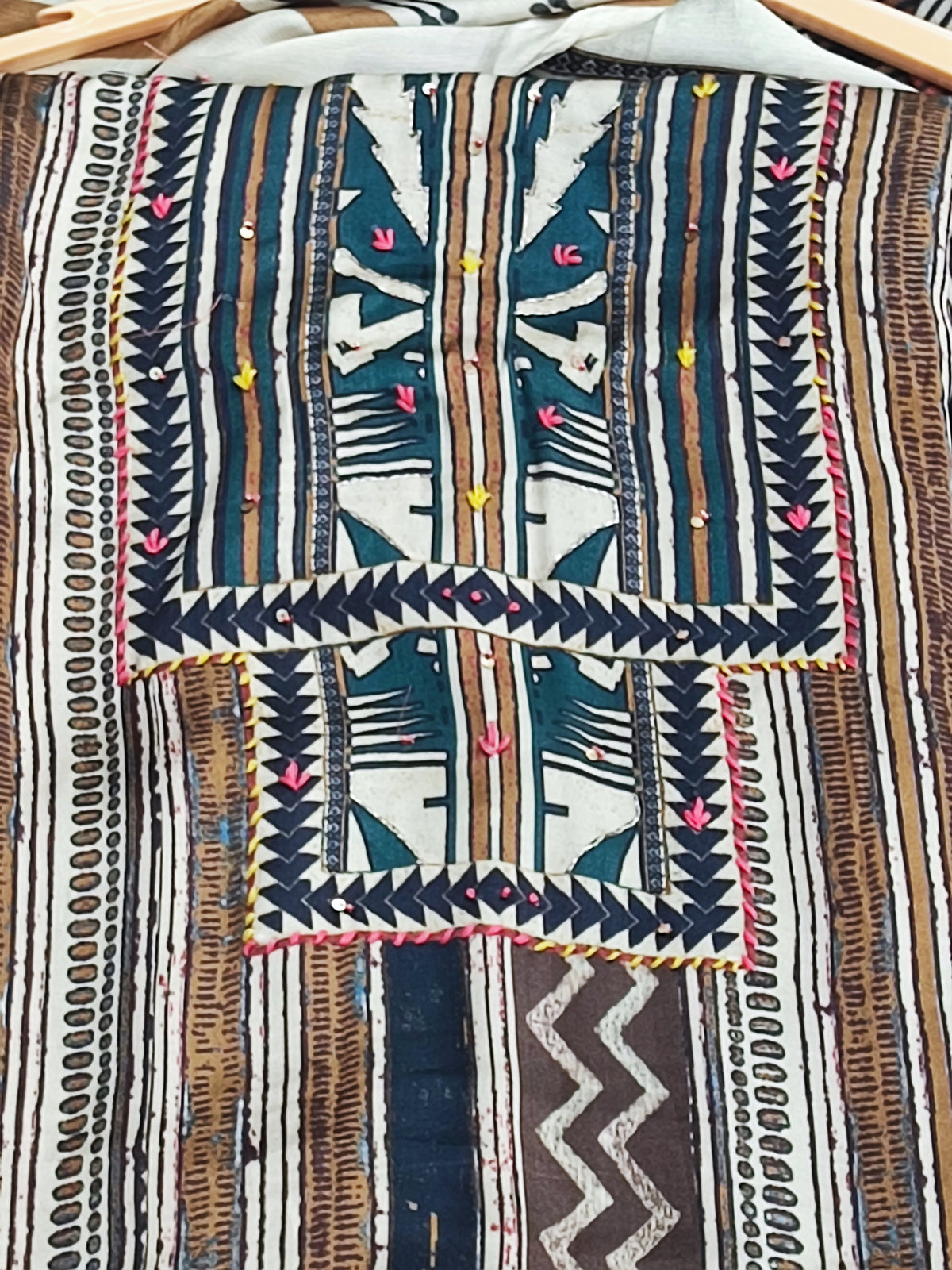 Brown Printed Satin Crepe Suit