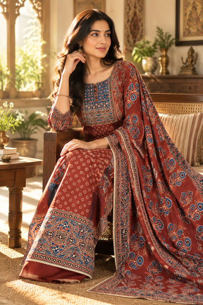 Rust Geometric Print Crepe Suit