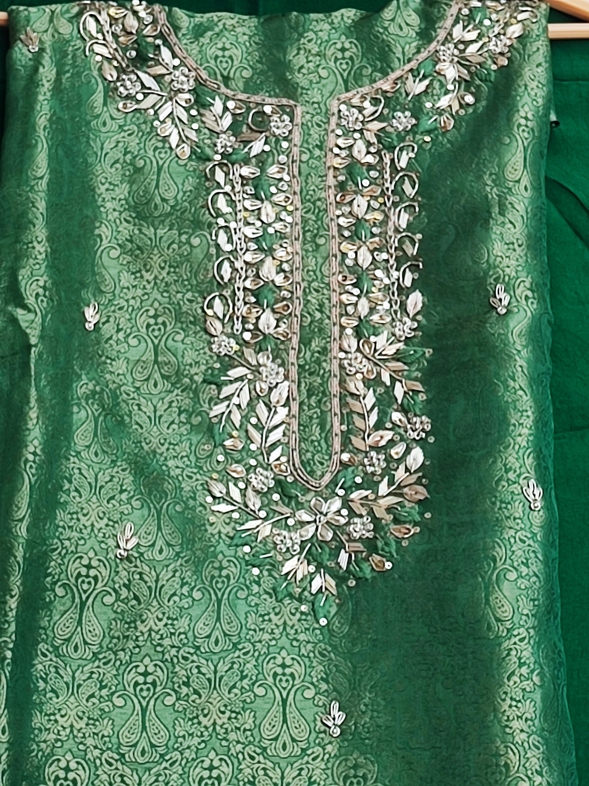 Green Tanchoi Suit with Dabka Work