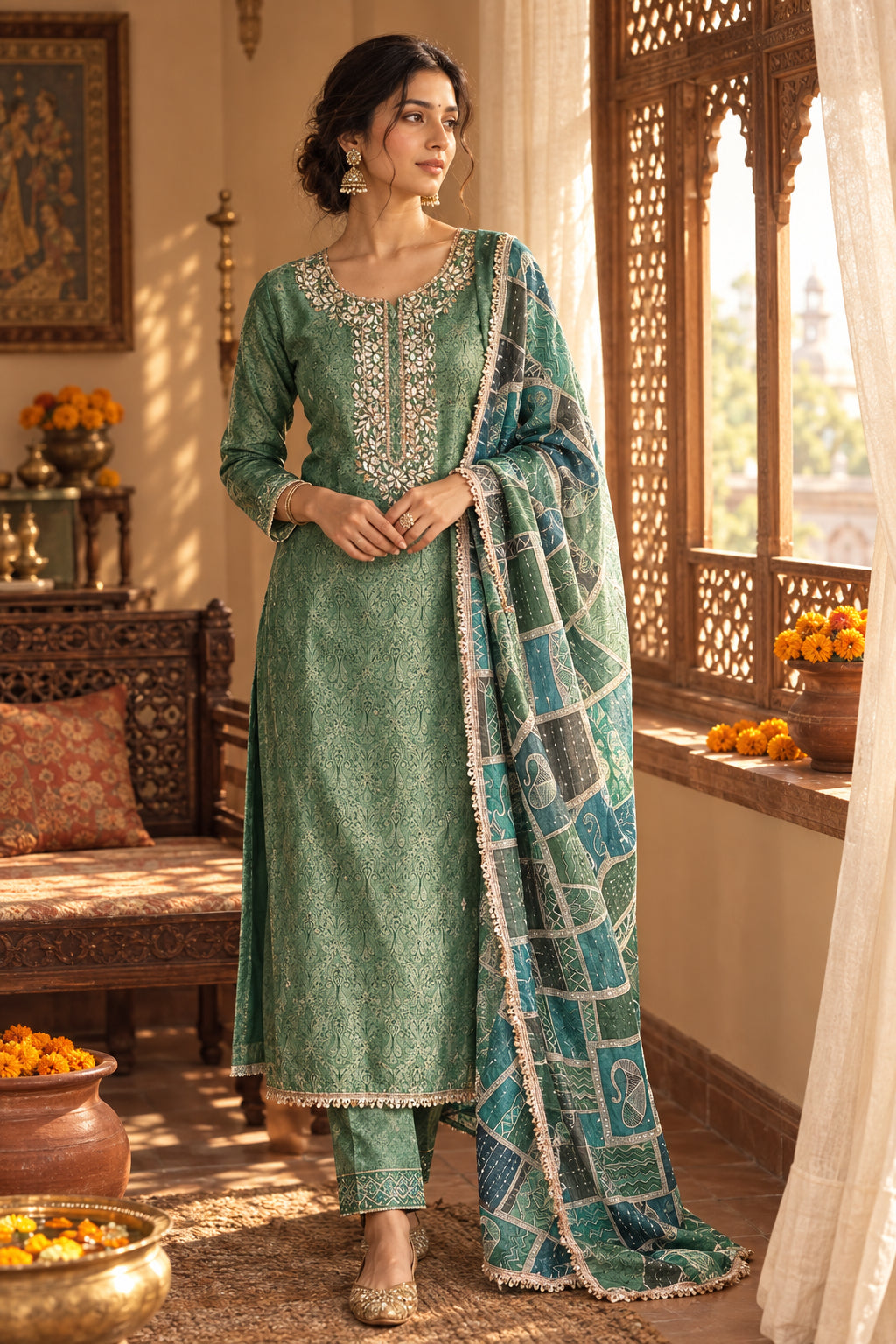Green Tanchoi Suit with Dabka Work