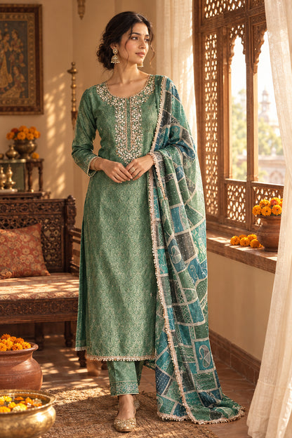 Green Tanchoi Suit with Dabka Work