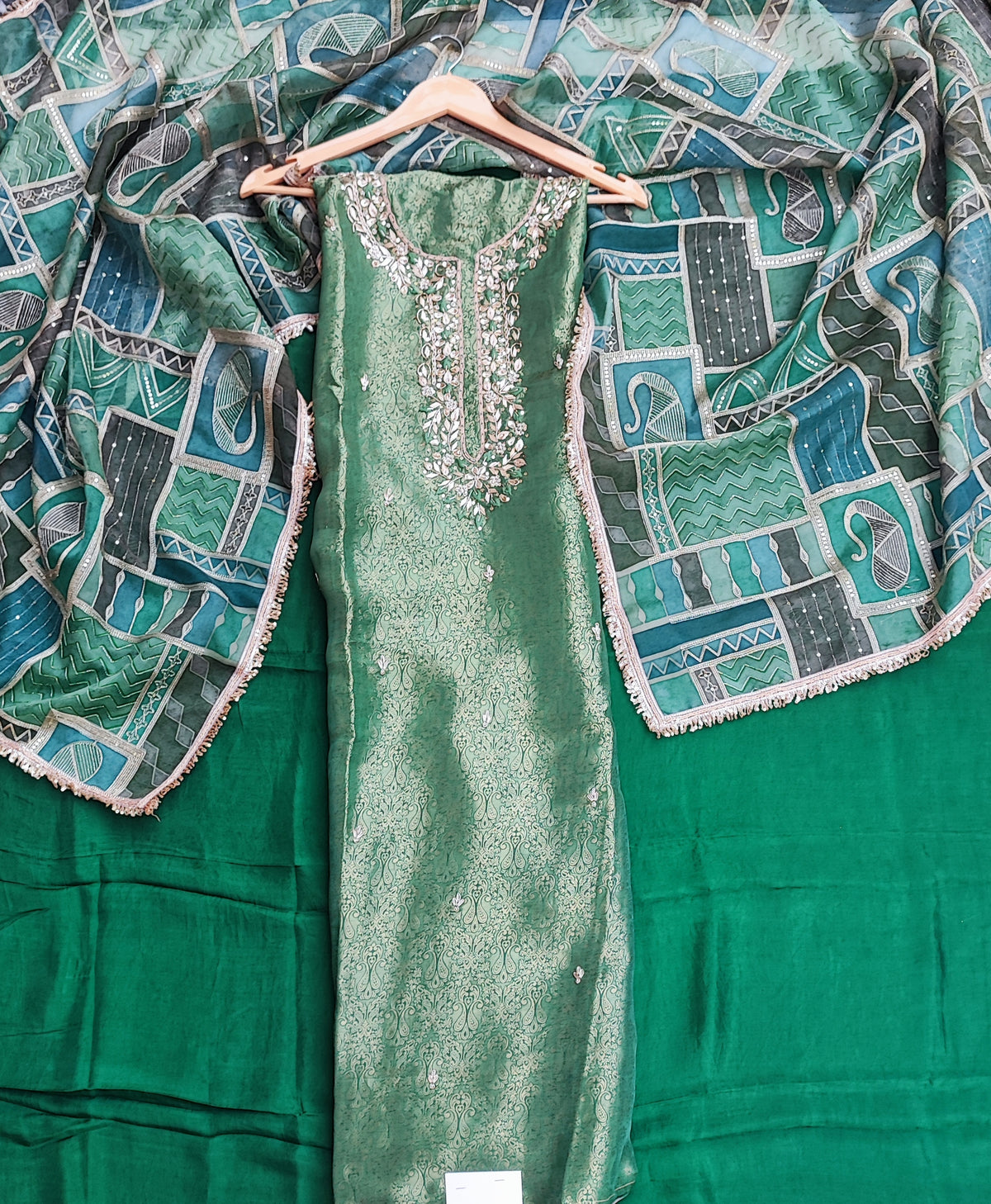 Green Tanchoi Suit with Dabka Work