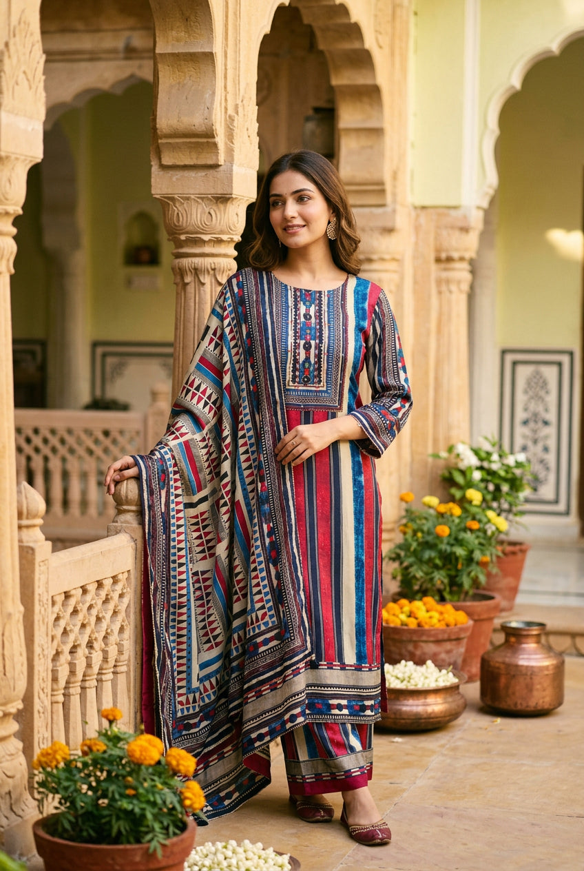 Black & Red Printed Satin Suit