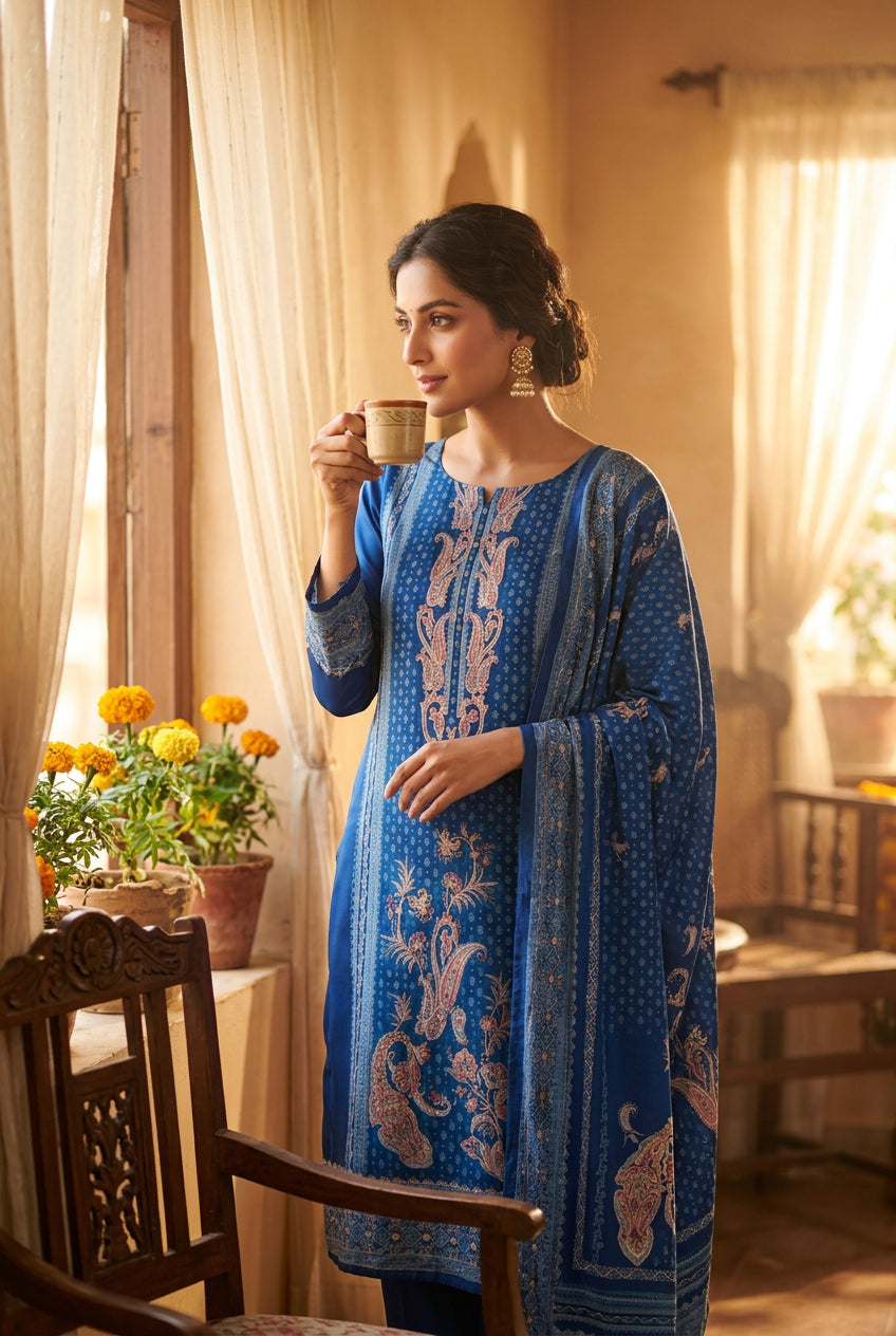 Blue Paisley Printed Muslin Suit