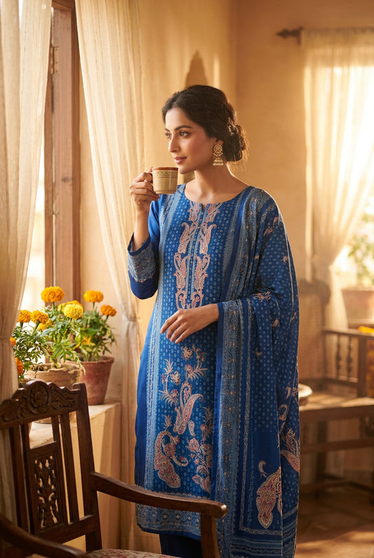 Blue Paisley Printed Muslin Suit