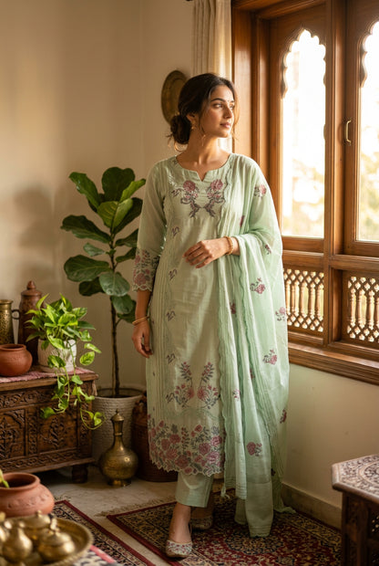 Light Green Tissue Suit with Resham Work