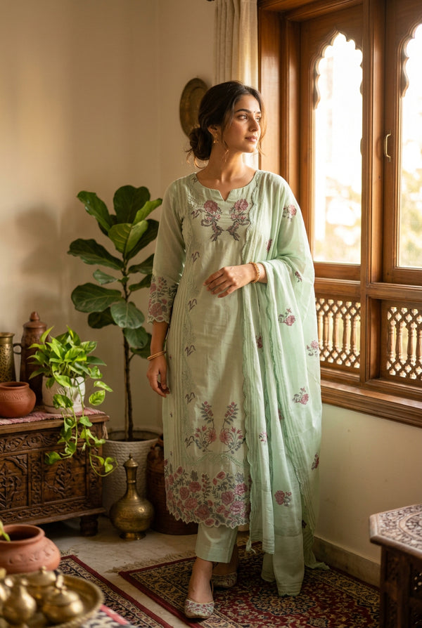Light Green Tissue Suit with Resham Work