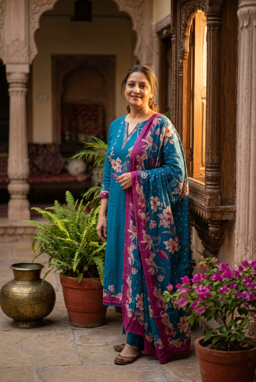 Teal Blue Printed Muslin Suit