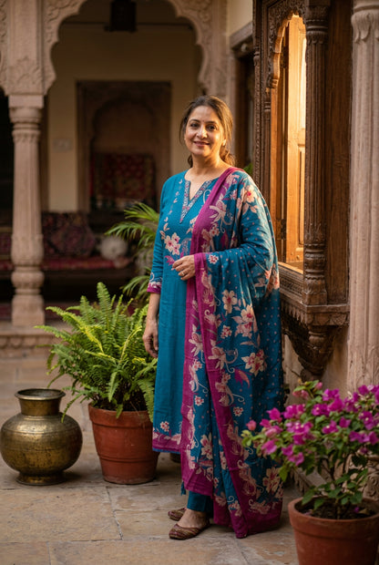 Teal Blue Printed Muslin Suit