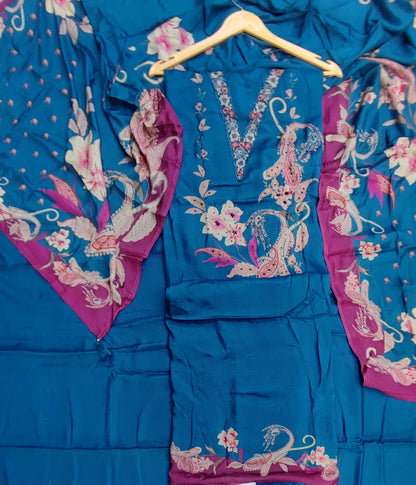Teal Blue Printed Muslin Suit
