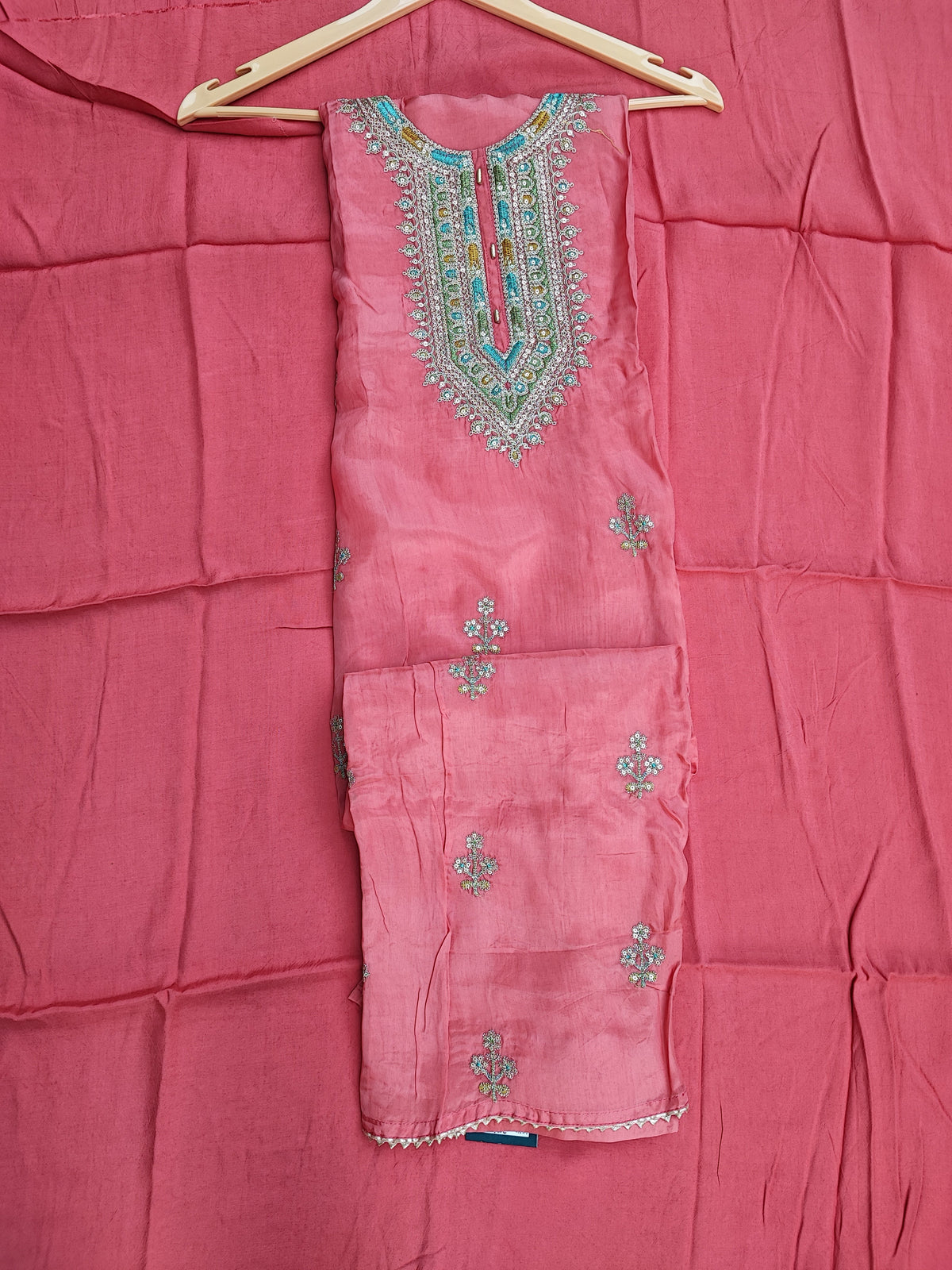 Carrot Pink Silk Suit with Zari Work