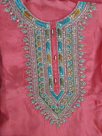 Carrot Pink Silk Suit with Zari Work