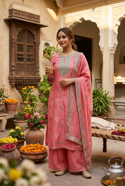 Carrot Pink Silk Suit with Zari Work