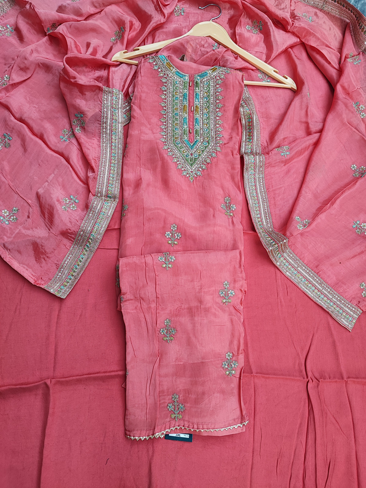 Carrot Pink Silk Suit with Zari Work