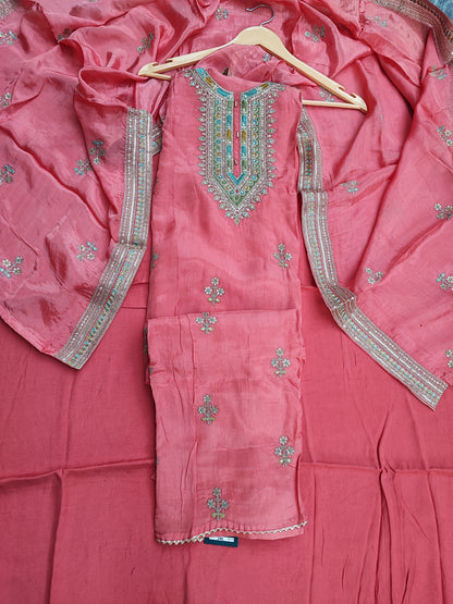 Carrot Pink Silk Suit with Zari Work