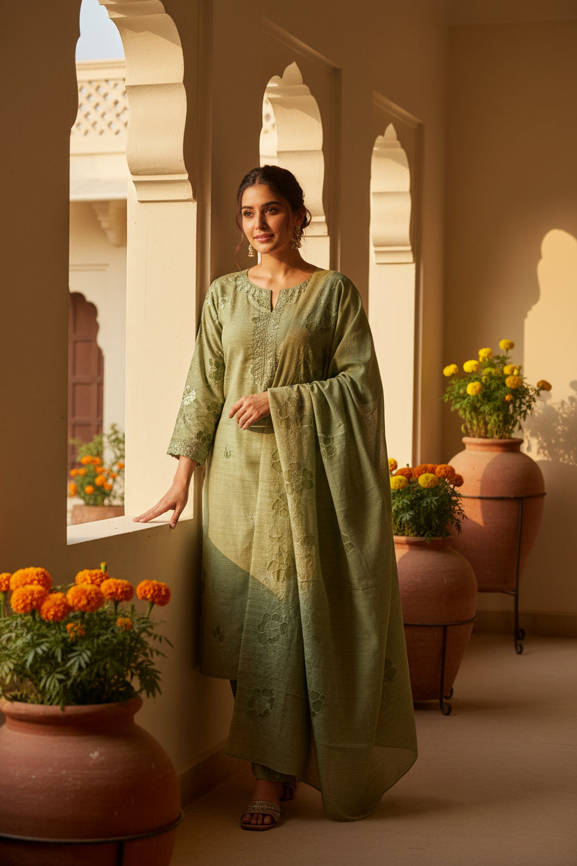 Green Pure Cotton Applique Suit