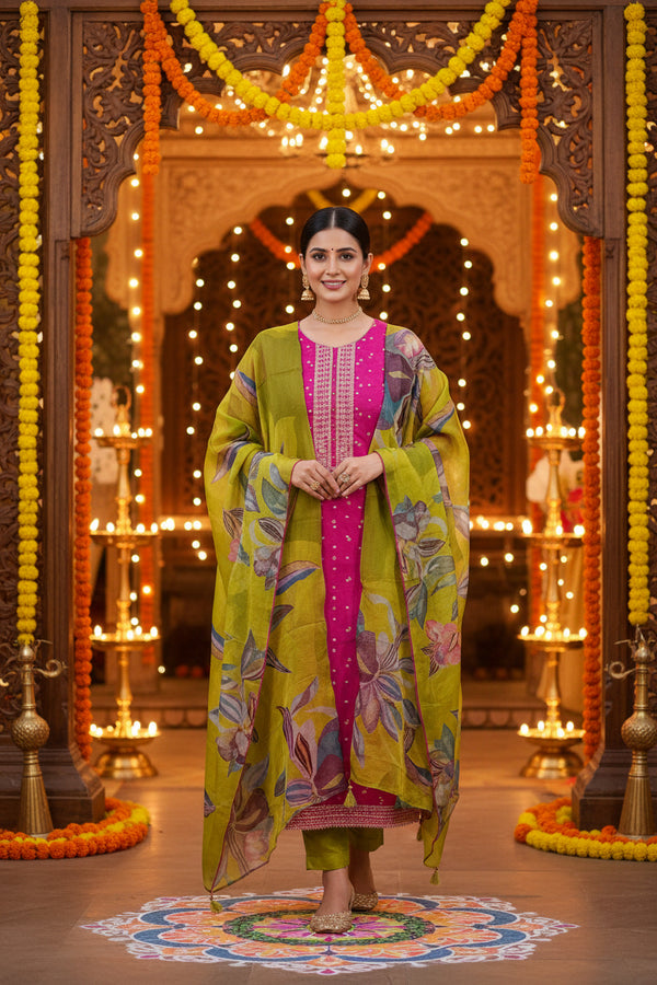 Magenta Banarasi-style art silk suit with mustard printed dupatta, unstitched