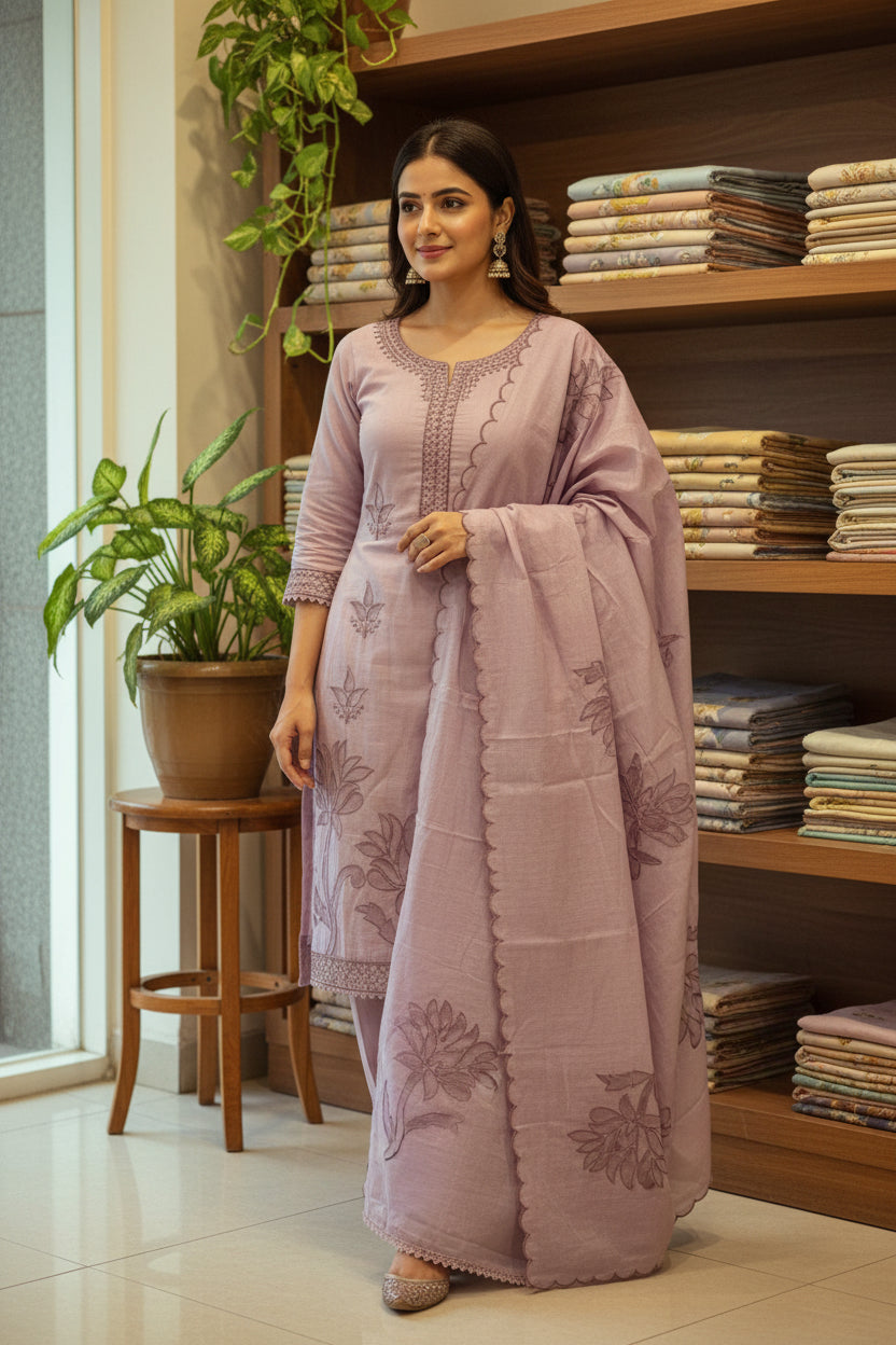 Lavender Applique Mul Suit