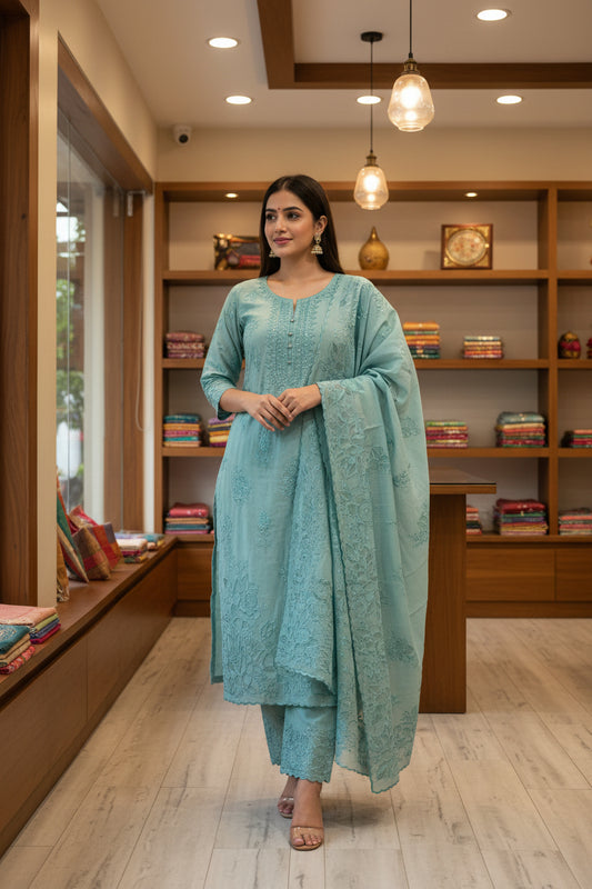 Sky Blue Applique Mul Suit