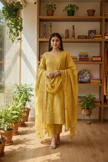 Yellow Applique Mul Suit